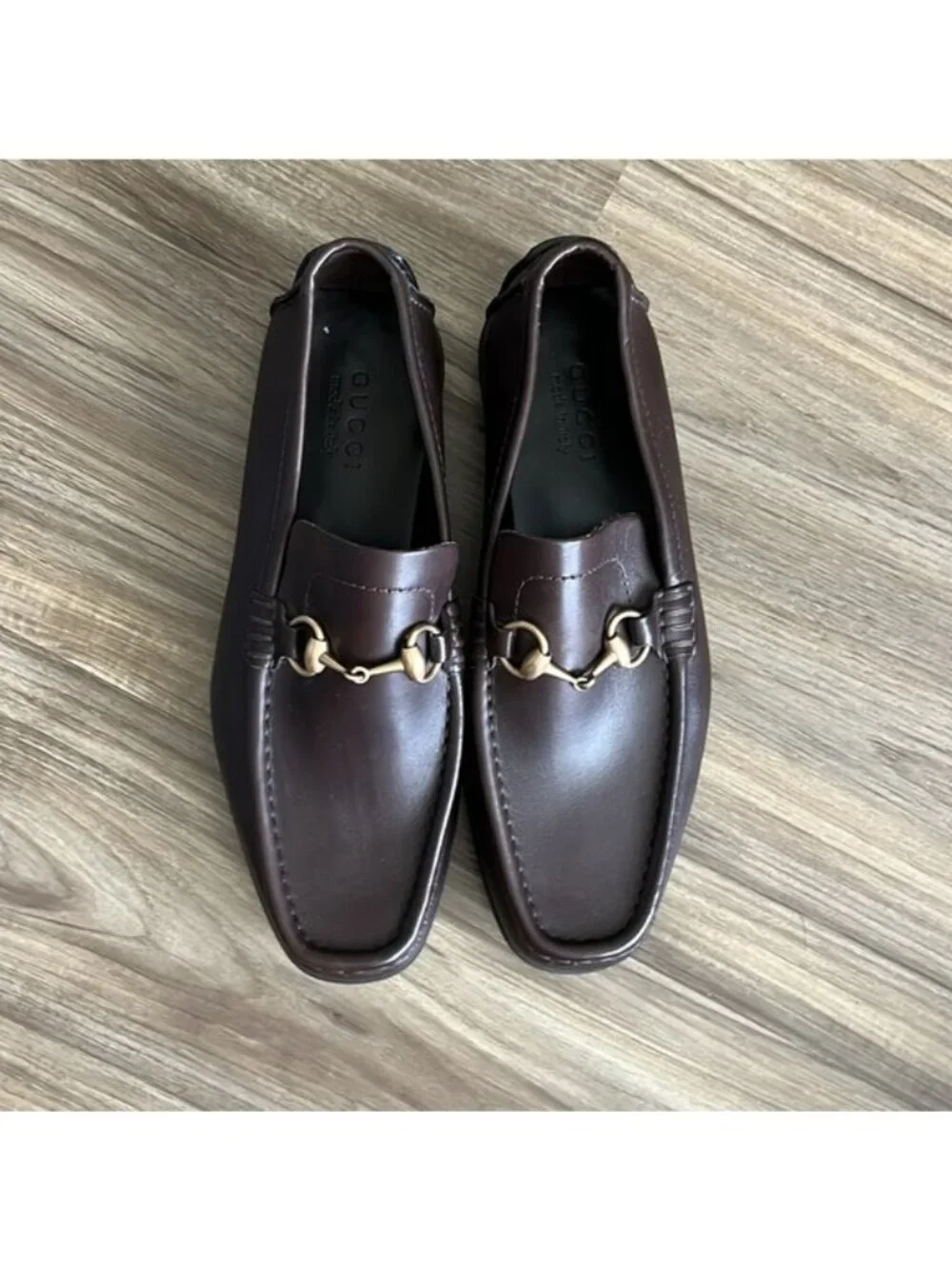 GUCCI Brown Leather Horsebit Driving Loafers Men's Back Heel Logo Rubber Sole